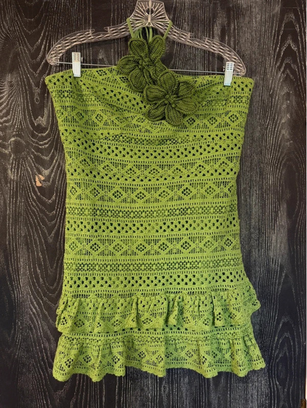Farm Rio green crochet ruffle mini dress - L